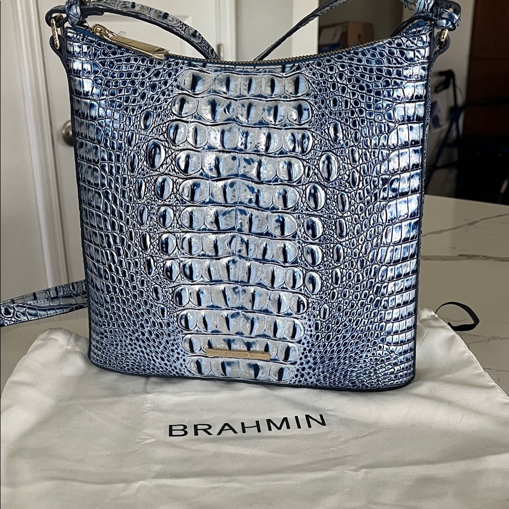 Brahmin Katie Metallic Blue Croc-Embossed Crossbody Bag